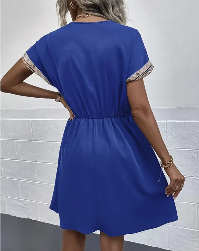 Summer Solid Short Sleeve Lace V Neck Waistband Female Beach Midi Short Dress Elegant Women's Sweet White Solid Color Dresses