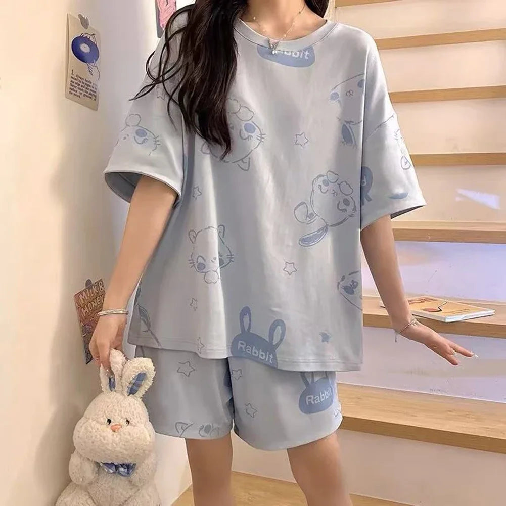Summer Women's Sleepwear Short Sleeved Shorts Set Thin Loose Fit Suitable for Outerwear Home Wear Cute Sweet Camisole Sleepwear