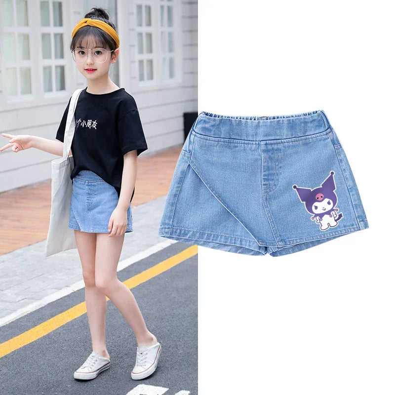 Kids Clothes Elastic Waist Fake Skirt Denim Shorts Jeans for Girls 3-12 Years -Minnie Kuromi Strawberry Bear Printed‌ Fake Skirt