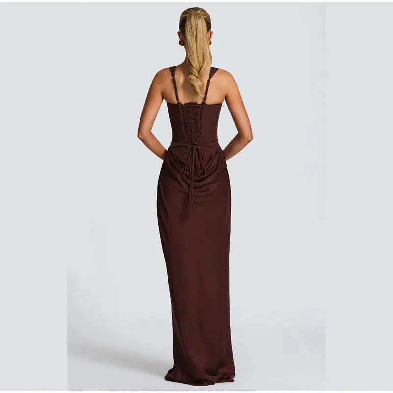 Women's Red Pleated Sling Maxi Dress Square Neck Sleeveless Off-shoulder Waist Cinching Slim Dresses Fashion Evening Party Gowns