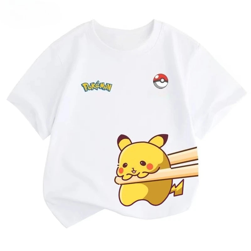 Potdemiel Summer New Pikachu Print Children's Pure Cotton T-Shirt, Boys and Girls, Comfortable and Breathable Children's T-Shirt