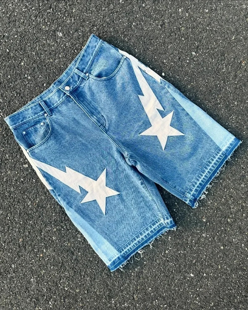American fashion trend Street style wide-leg Jeans for men Y2k embroidered baggy jeans Goth punk High street casual shorts