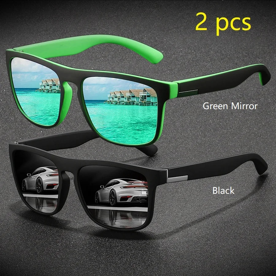 2 Pieces Fashion Vintage Square Sports Sunglasses Men Women Driving Fishing Brand Designer Sun Glasses Retro Man Eyewear UV400