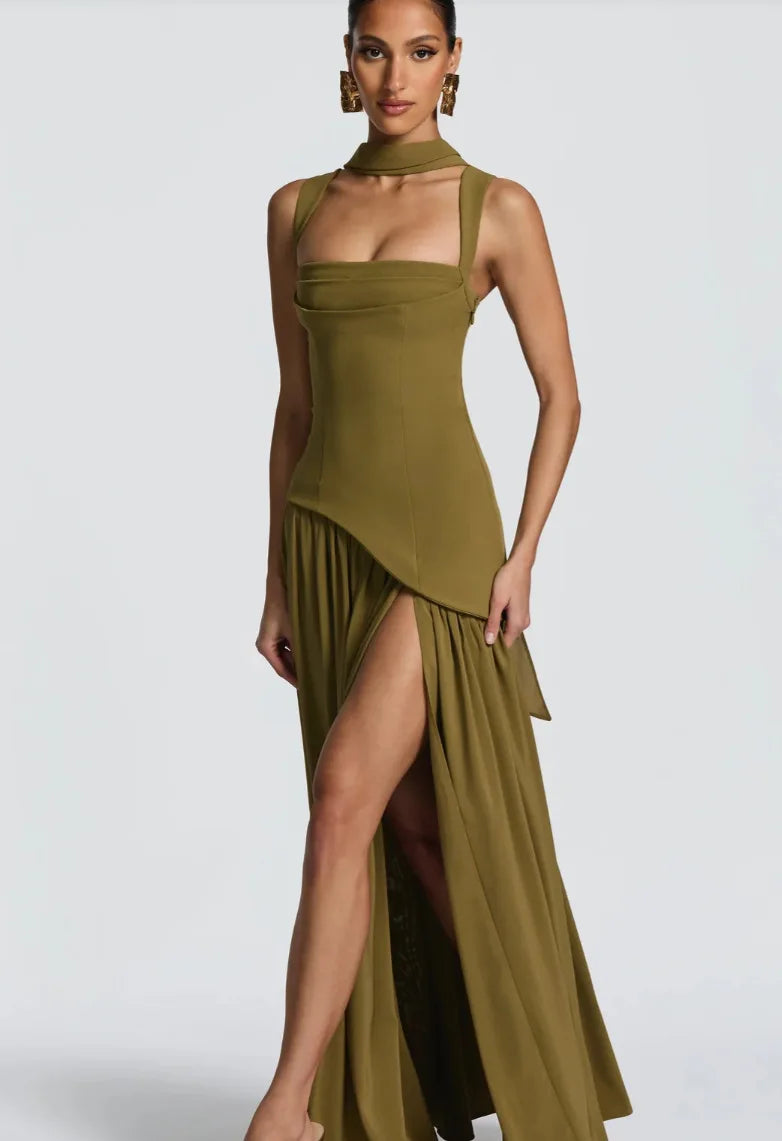 Suninheart Summer Elegant Olive Green Maxi Dress for Women Flowy Long Dress with Scarf Birthday Party Beach Graduation dress