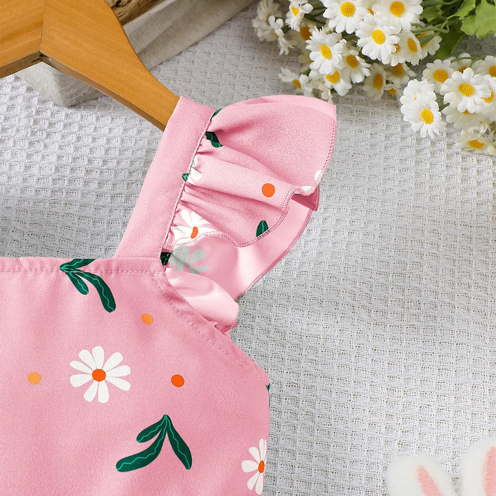Girls' summer style small fly sleeve plant print dress