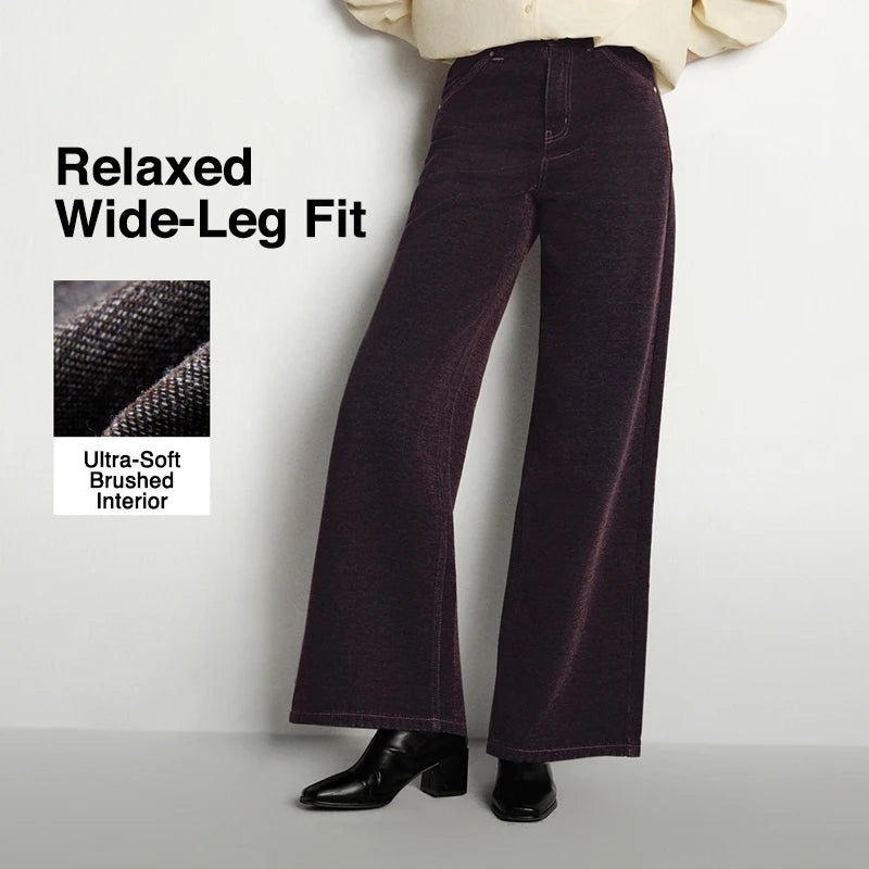 Semir Jeans Women Maillard Flocked Long Pants Cool Style 2025 New Winter Fleece Lined Loose Wide Leg Retro Women's Clothing