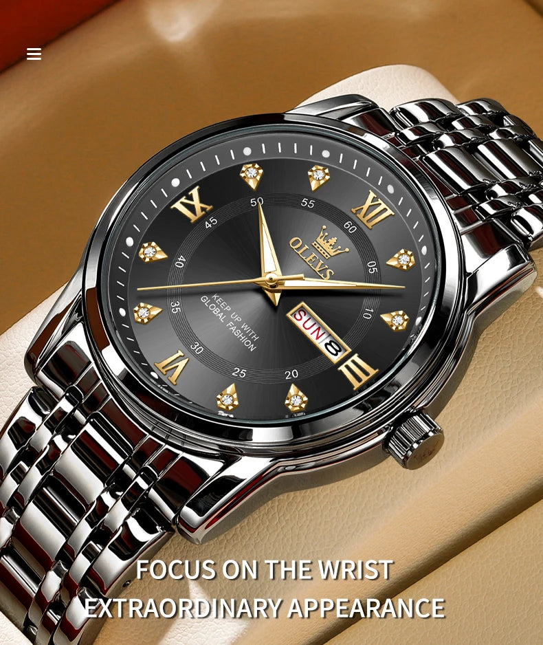 OLEVS 5513 Exclusive Original Quartz Watch for Men Diamond Roman Scale Waterproof Wristwatch Dual Calendar Stainless Steel Watch