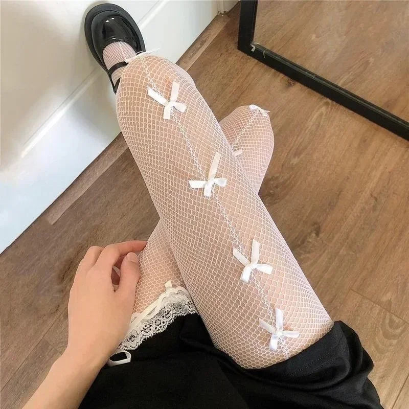 Women Stockings Pantyhose Hollow Out Transparent Slim Fishnet Pantyhose with Bow-knot