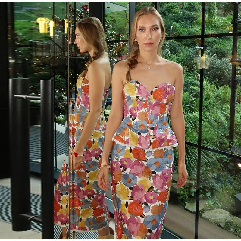 Tropical Floral Print Strapless Corset Top & Mermaid Midi Skirt 2-Piece Set 2026 Summer Chic Bold Women Vacation Date Vestido