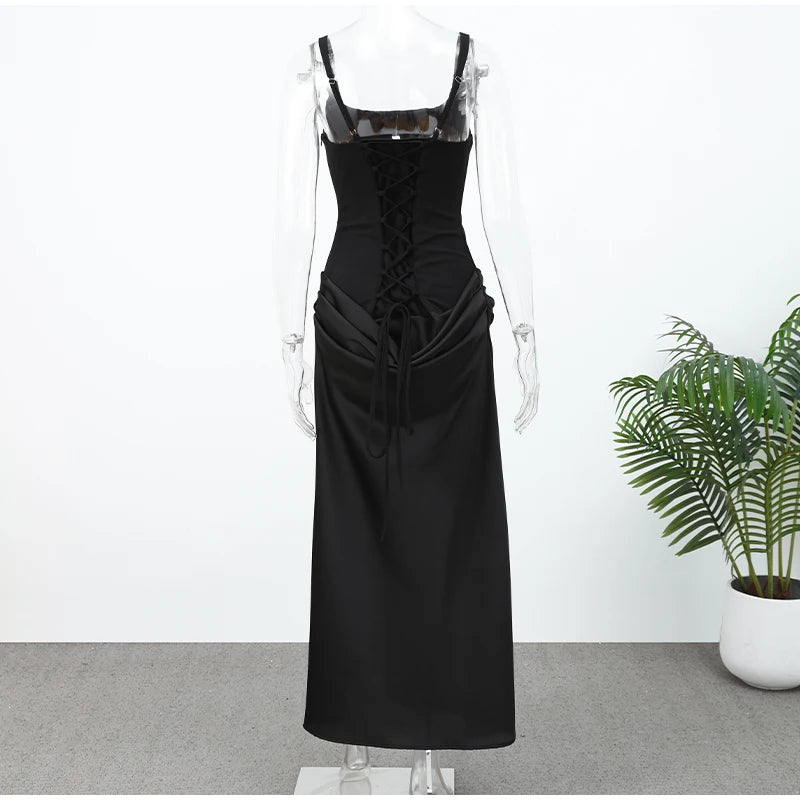Women's Red Pleated Sling Maxi Dress Square Neck Sleeveless Off-shoulder Waist Cinching Slim Dresses Fashion Evening Party Gowns