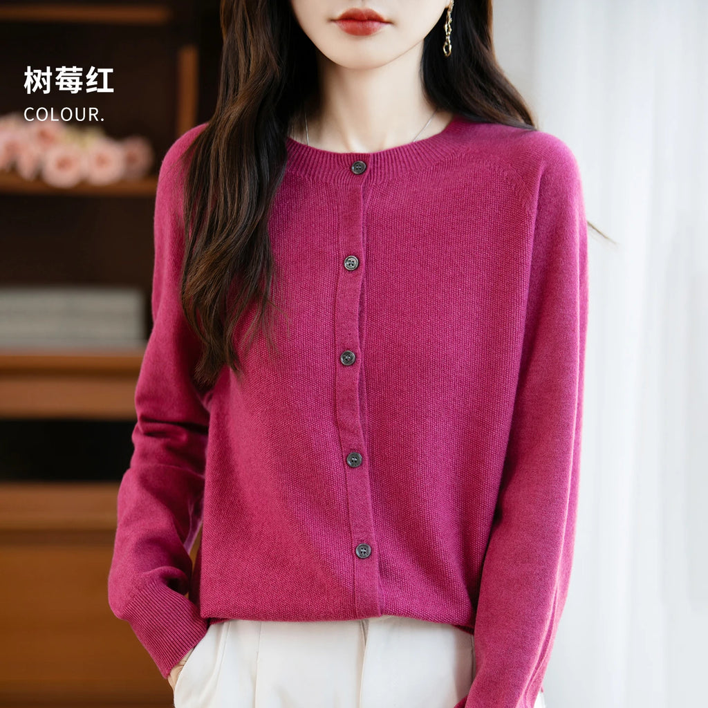 Classic Merino Wool Woman Sweater Basic Female Autumn Winter Knitted Cardigan Elegant Ladies Cashmere Long Sleeve Clothing Tops
