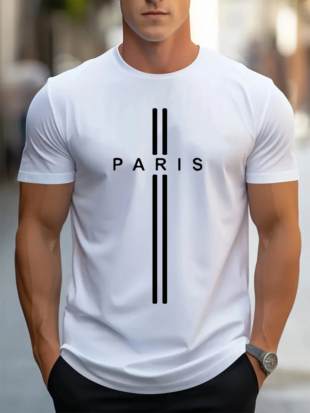 3D printed men's loose summer T-shirt, Paris printed round neck casual tight T-shirt, short sleeved T-shirt