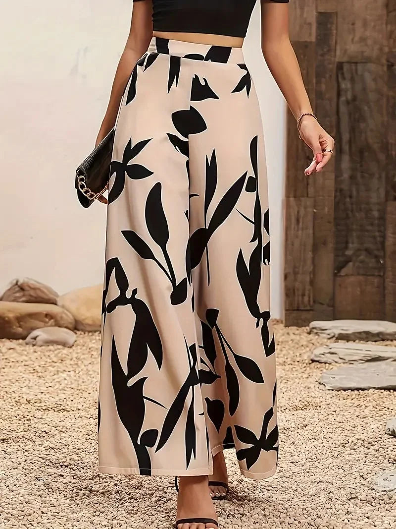 Women's Leaf Print Wide-Legged Casual Pants Loose Fit Fashionable Trousers