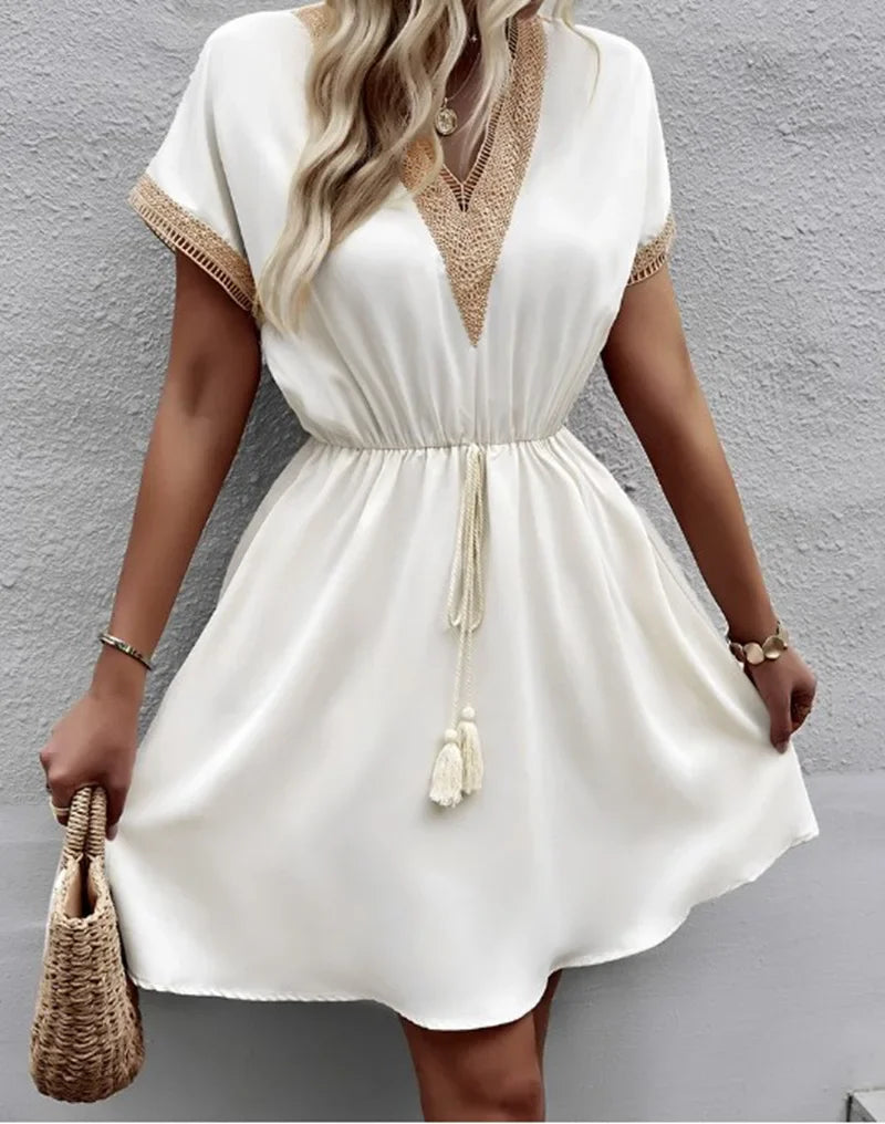 Summer Solid Short Sleeve Lace V Neck Waistband Female Beach Midi Short Dress Elegant Women's Sweet White Solid Color Dresses