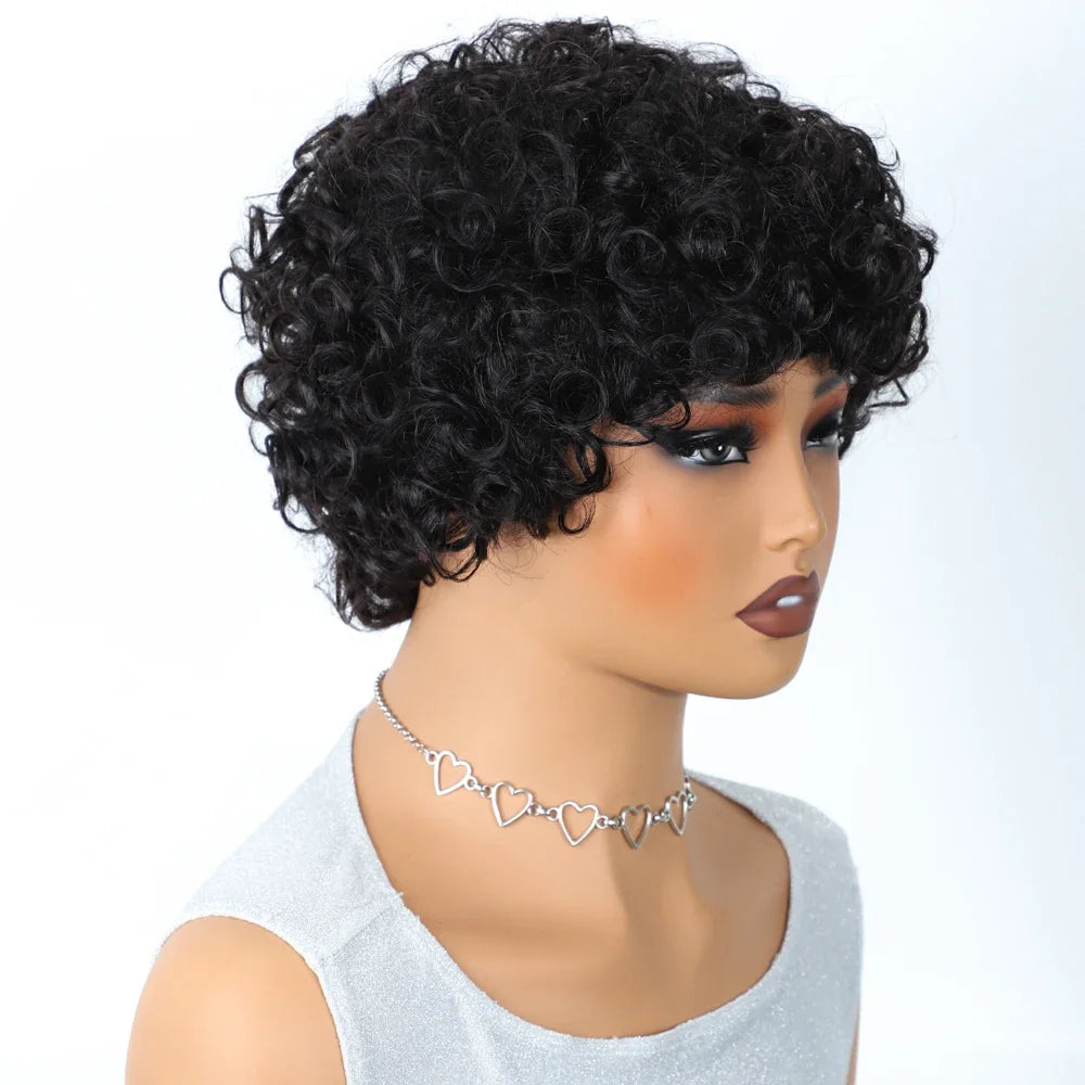 Brazilian Short Bob Pixie Afro Kinky Curly Wigs With Bangs For Black Women Natural Brown 99J Full Machine Made Human Hair Wigs
