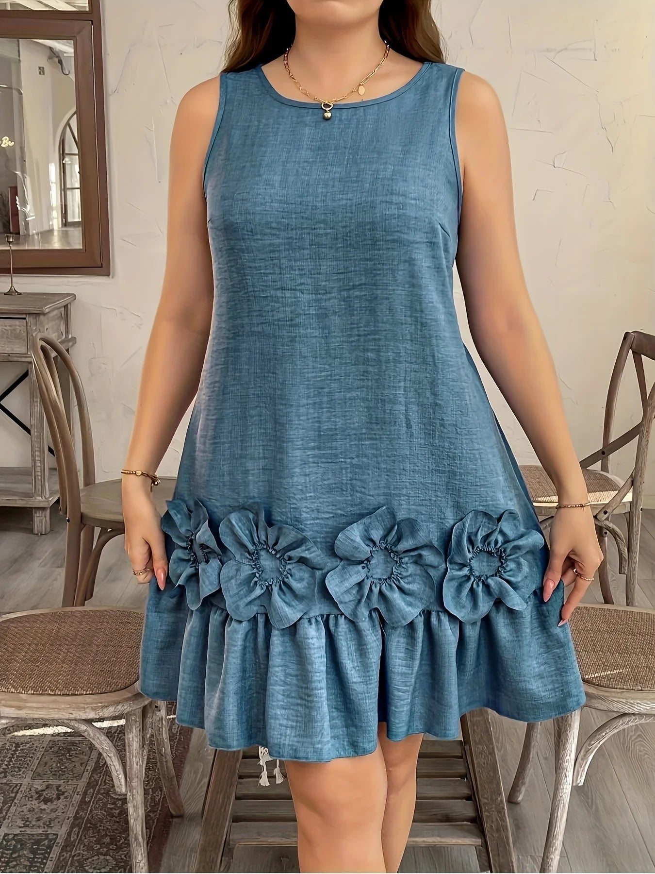 Dodge Blue Embossed Floral Dress Sleeveless Applique Midi an  Elegant Resort Wear