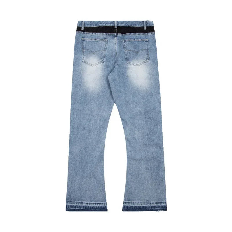 American retro washed letter spliced denim trousers high street trendy brand couple loose straight micro-flared long trousers