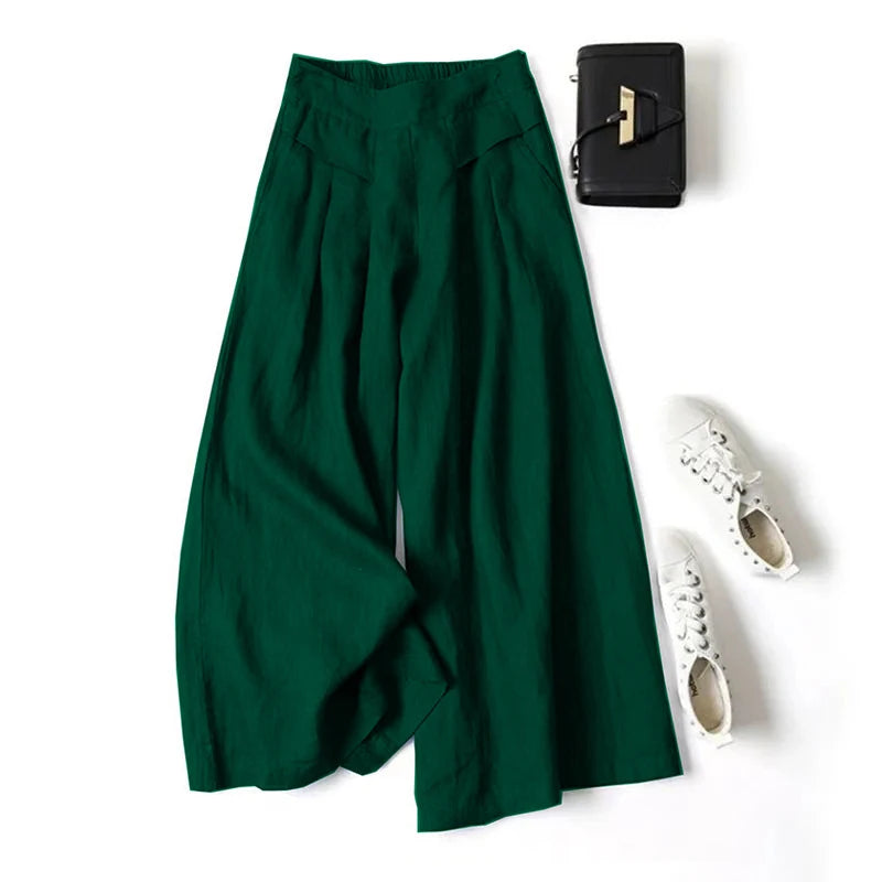 2026 Summer Women's Culottes Cotton Linen Cropped Wide Leg Pants Elastic Waist Casual Palazzo Trousers with Pockets