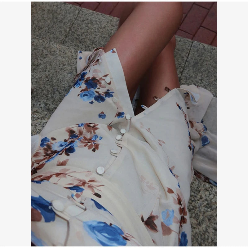 Organza Floral Printed Maxi Dress V-neck Puff Sleeve 2026 Spring/summer Romantic Women Party Gown Fashion Elegant Lady Vestido
