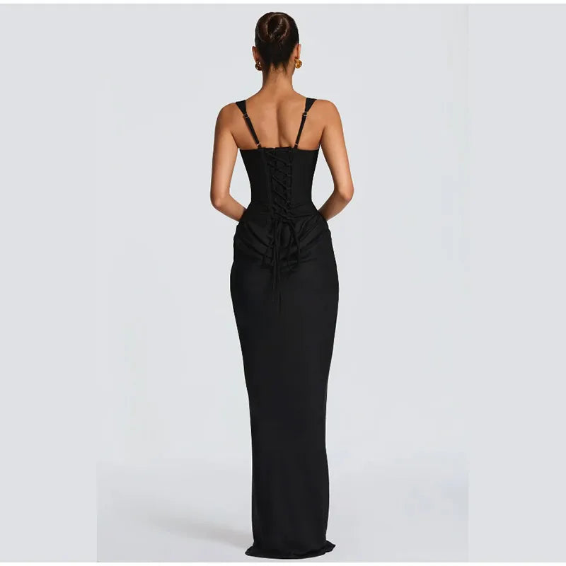 Women's Red Pleated Sling Maxi Dress Square Neck Sleeveless Off-shoulder Waist Cinching Slim Dresses Fashion Evening Party Gowns