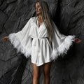 Shorts Nightgown Three-piece Set, Imitation Silk, Loungewear, Feather Pajamas
