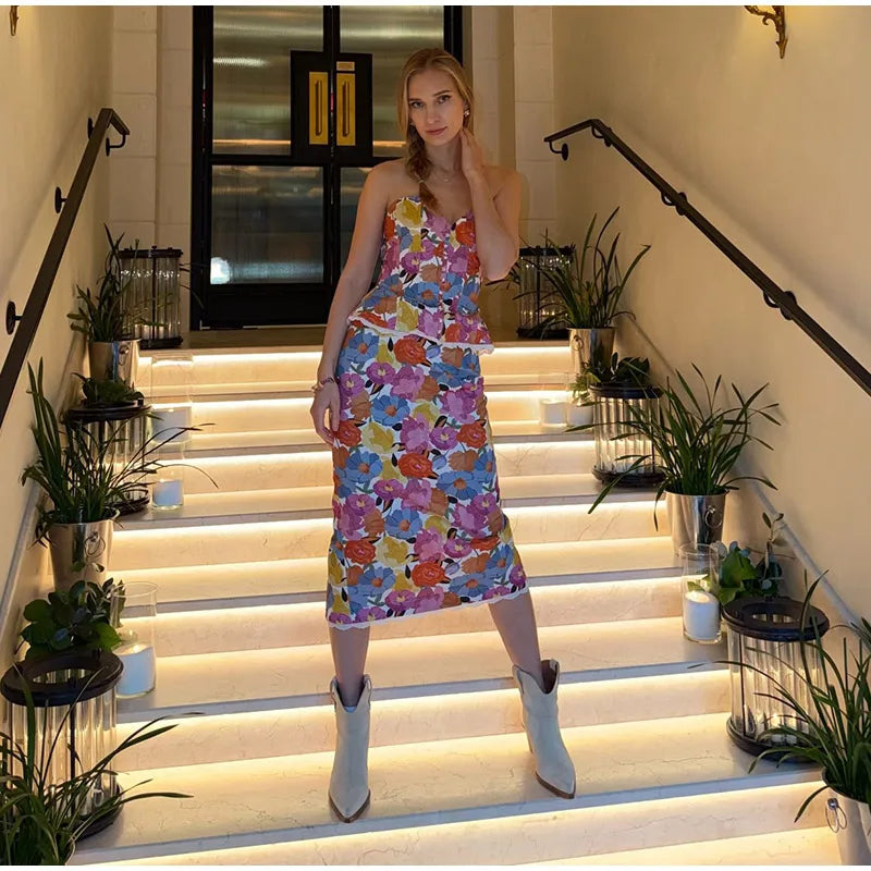 Tropical Floral Print Strapless Corset Top & Mermaid Midi Skirt 2-Piece Set 2026 Summer Chic Bold Women Vacation Date Vestido