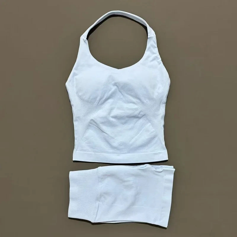 2 Peice Histello Sports Set Women Seamless Halter Top Longline Strappy Padded Scrunch Shorts Set Yoga Suit Gym Workout Sets