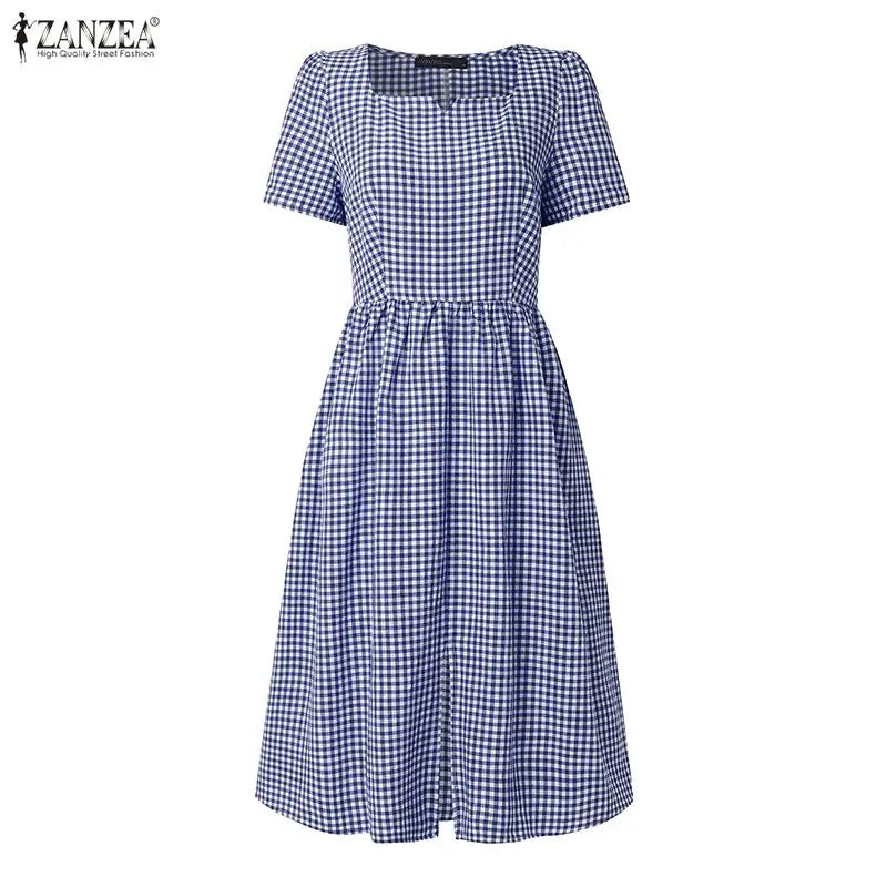 Women Summer Plaid Dress 2026 ZANZEA Elegant Square Neck Short Sleeve Midi Dresses Casual Work Vestidos Stylish Holiday Sundress