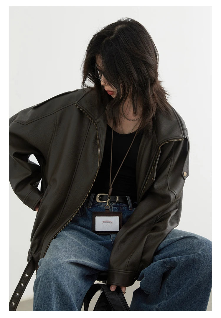 CHIC VEN Woman PU Jacket Solid Loose New Retro Standing Collar Motorcycle Faux Leather Coat Female Top Spring Autumn 2026