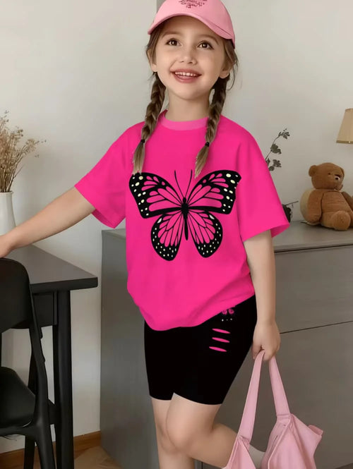 2-Piece Summer Children's Comfortable Cute Butterfly 3D Print Short Sleeve Shorts Set for Boys and Girls Casual Home Outdoor Set