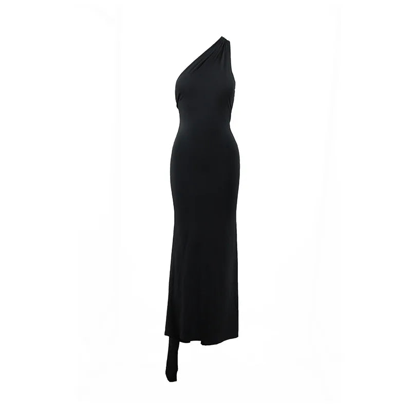 Women's One-Shoulder Sleeveless Maxi Dress Adjustable Scarf Loop Ruched Backless Bodycon Festival Party Outfit Elegant Long Gown