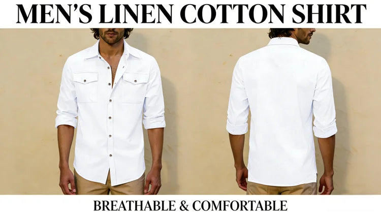 2026 New Men's Long Sleeve Casual Shirt Double Chest Pocket Button Up Shirt Soft Cotton Linen Men's Daily Work Tops