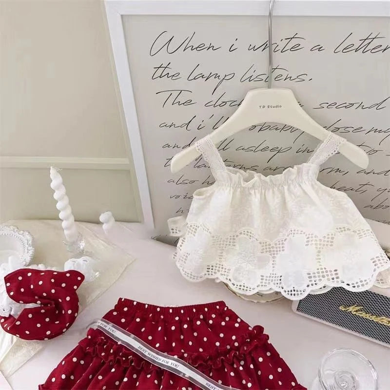 2026 New Strap Little Red Riding Hood Set Summer Cute Girl Hook Flower Western Style Tank Top Polka Pants Skirt Three Piece Set