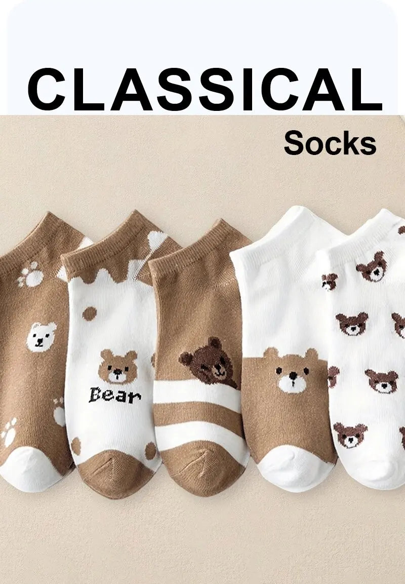5 Pairs Women Cartoon Patterned Socks Trendy Versatile Breathable Sweat Wicking Deodorizing Antibacterial Comfortable Socks