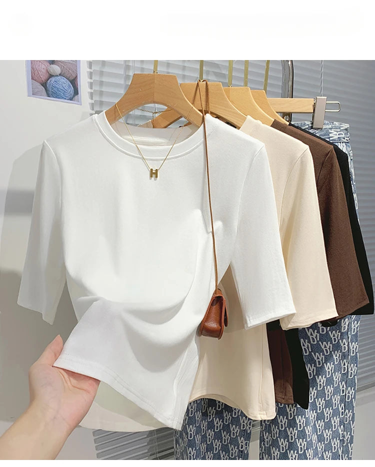 AOSSVIAO 2026 Summer 100% Cotton Women's T-shirt Bottoming Basic Crew Neck Fashionable Solid Lady Short Sleeve Tops Shirts