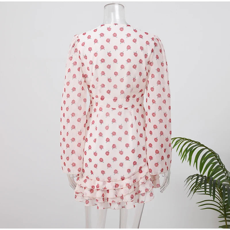 Elegant Floral Printed Mini Dress Women V-neck Short Sleeves Waist-cinching Ruffle Hem Dresses 2026 Lady Summer Vacation Gowns