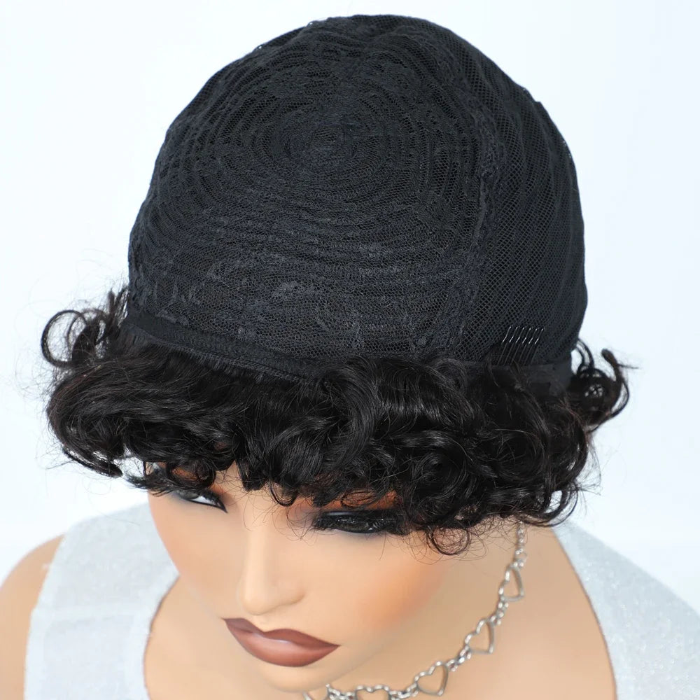 Brazilian Short Bob Pixie Afro Kinky Curly Wigs With Bangs For Black Women Natural Brown 99J Full Machine Made Human Hair Wigs