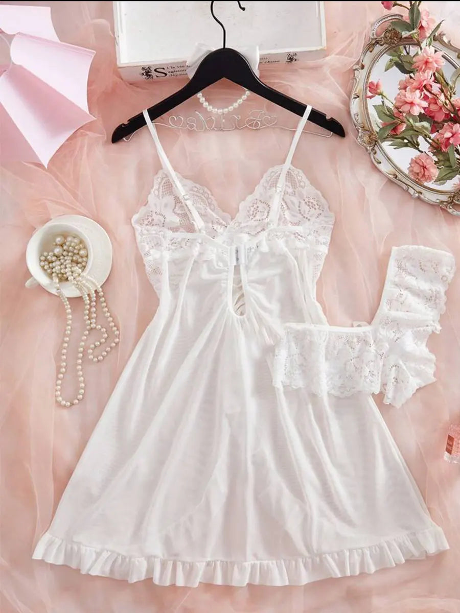 A Set Pink Cute Women Sweet Nightdress And Panty Pijamas Suit Sleeveless Halter Nightgown Short Sets V-Neck Bra Thong Luxury Kit