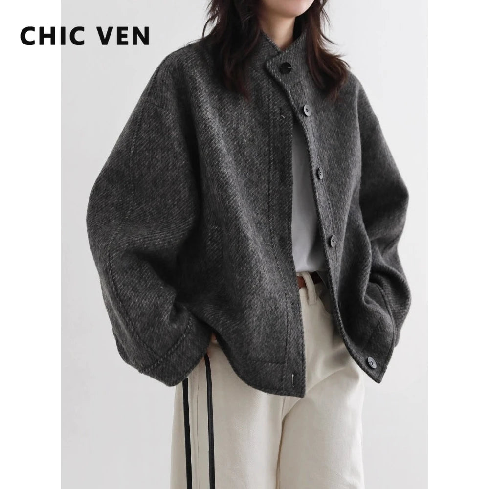CHIC VEN Women Short Woolen Coat New Stand Up Twill Texture Single Breasted Ladies Jacket Retro Woman Outwear Autumn Winter 2025