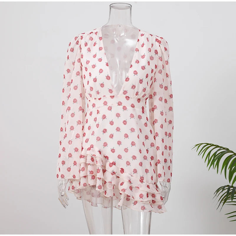 Elegant Floral Printed Mini Dress Women V-neck Short Sleeves Waist-cinching Ruffle Hem Dresses 2026 Lady Summer Vacation Gowns