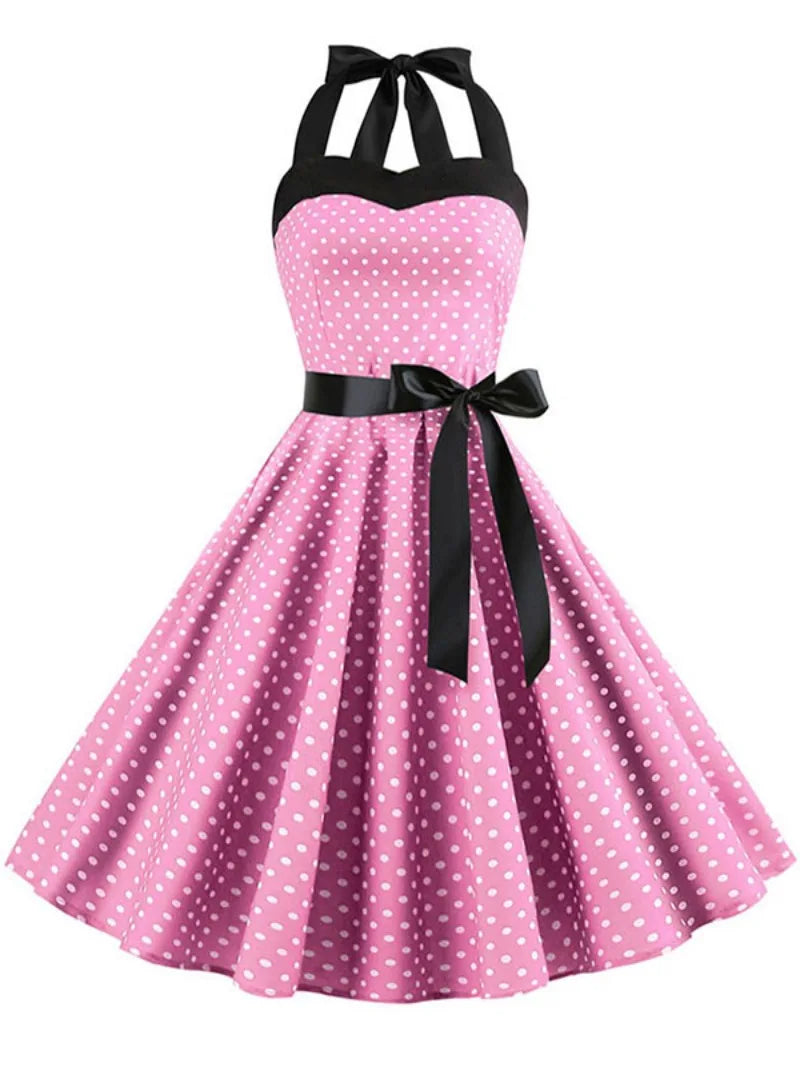 Elegant Women Pink Polka Dot Dress Summer Robe Hepburn 1950s 60s Vintage Sexy Halter Rockabilly Retro Party Dresses 2026 Vestido