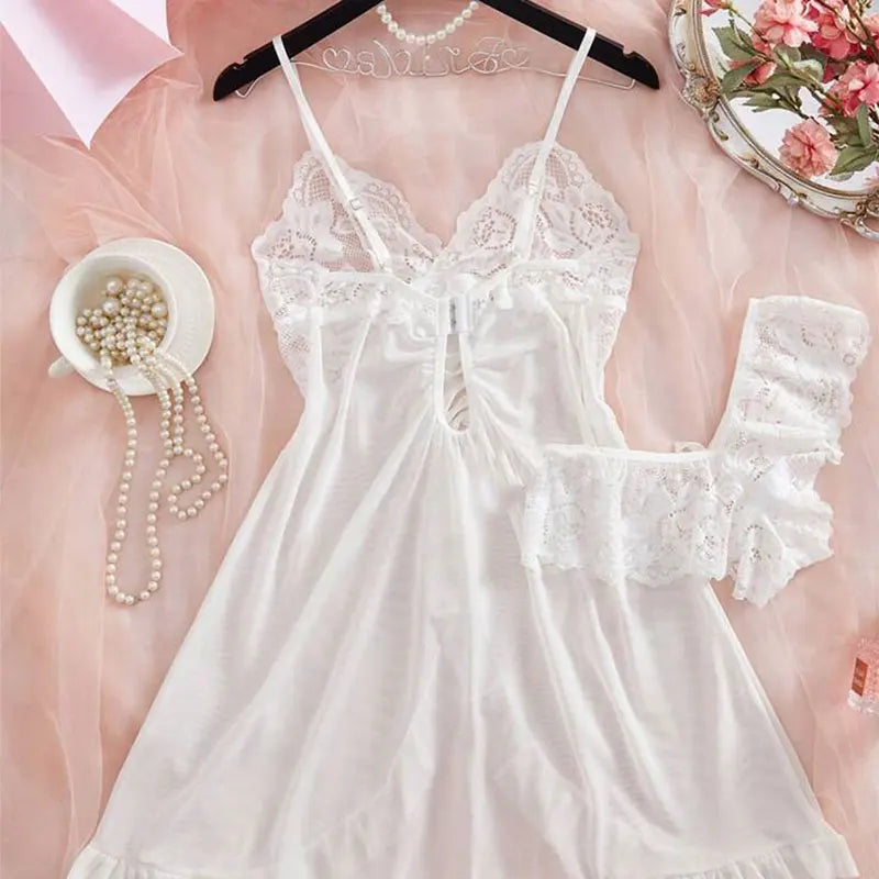 A Set Pink Cute Women Sweet Nightdress And Panty Pijamas Suit Sleeveless Halter Nightgown Short Sets V-Neck Bra Thong Luxury Kit