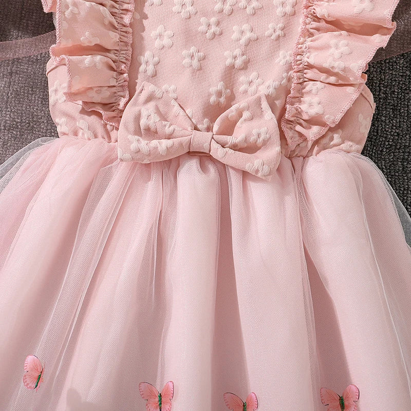 Kids Princess Dress For Girls O-Neck Wing-Sleeve Bowknot Floral Print Embroidery 4-7 Years Summer Sweet Birthday Party Clothing