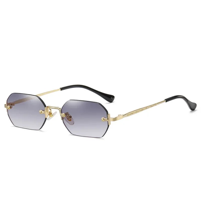 Rimless Rectangle Sunglasses Small Men Glasses Women Metal Gold Polygon Blue Shades 2024 UV400 Frameless