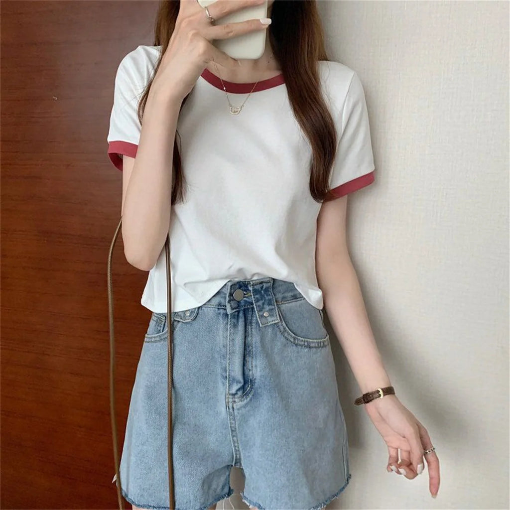 Fashion Patchwork T-shirts Women Basic Tee Casual Oversized Tops Quality Unisex Short Tshirts Tees Girl Summer Clothing Tops