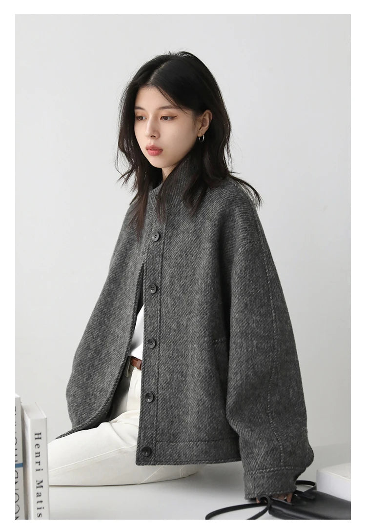 CHIC VEN Women Short Woolen Coat New Stand Up Twill Texture Single Breasted Ladies Jacket Retro Woman Outwear Autumn Winter 2025