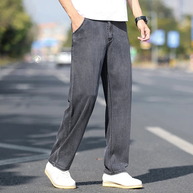 Loose Wide-leg Men's Thin Jeans Lyocell Soft Drape Fabric Comfort Trousers Spring Summer Fashion Brand Washing Denim Pants