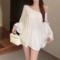 Solid Oversized T-shirt for Women's Casual Loose Top Fashion Bat Sleeves Simple Sexy Off Shoulder Korean Baggy T shirts Autumn