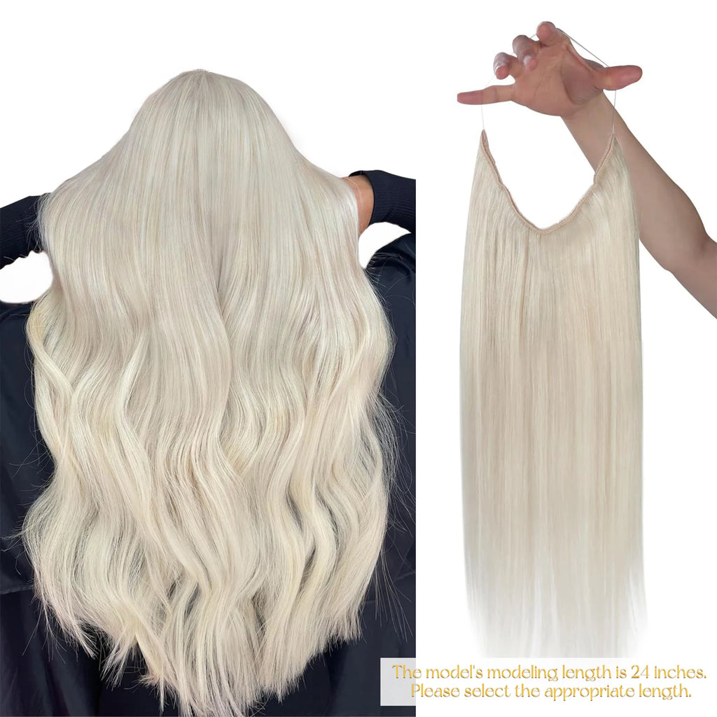 VeSunny Fish Line Human Hair Extension Wire Natural Hair One Piece Invisible Wire Hair Weft with 2 Clips Blonde Soft Remy Hair