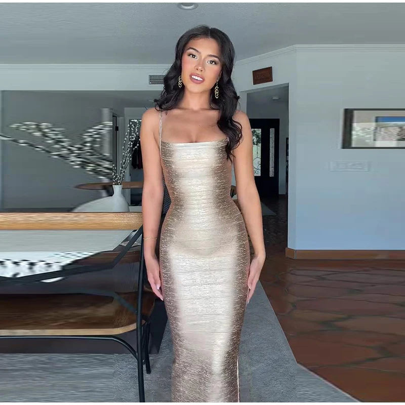 Metallic Shimmer Spaghetti Strap Sweetheart Neck Maxi Dress Bodycon Bandage For Women Night Out Party And Evening Wear